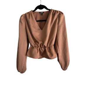 Express Brown V Neck Peplum Long Sleeve Top SZ XS Mature Casual Chic MSRP $64